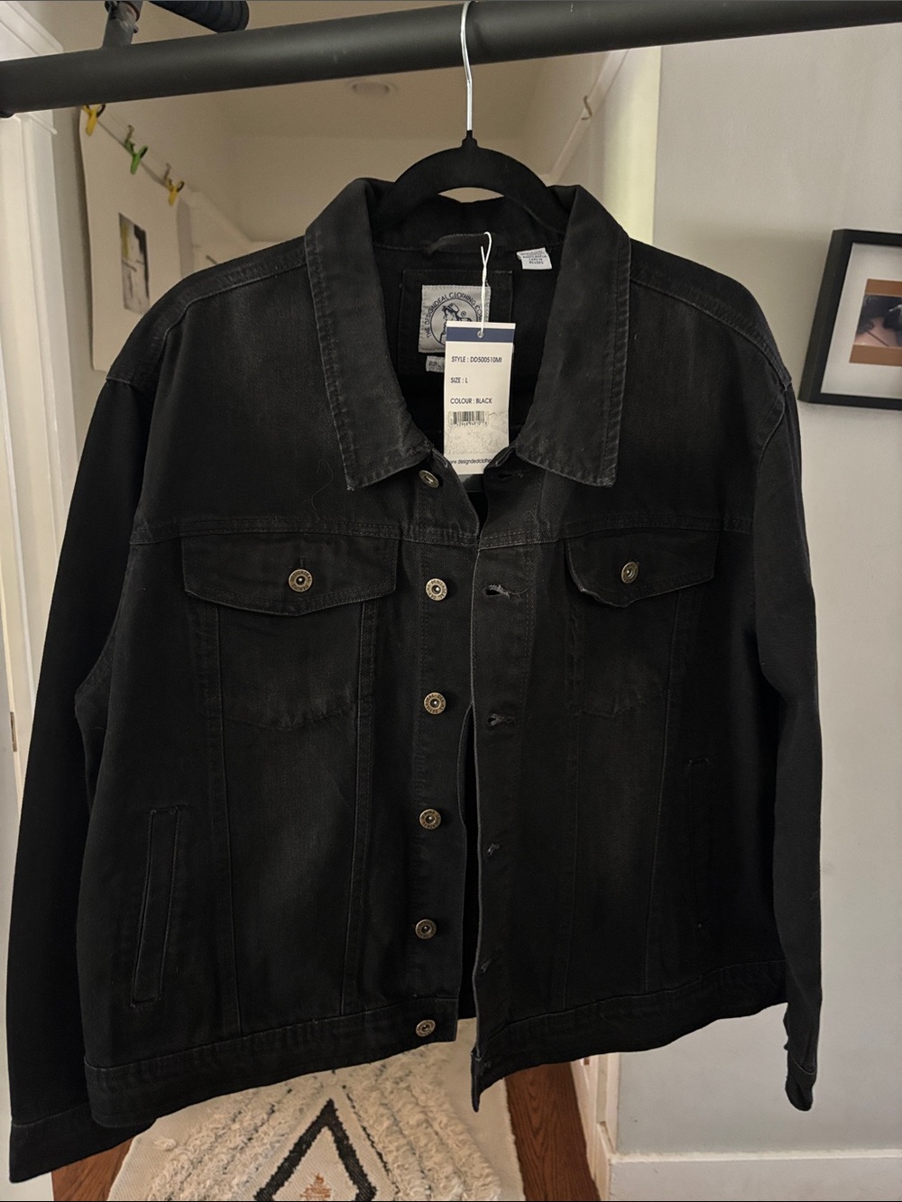 Men's Black Denim Jacket - Classic Button-Front